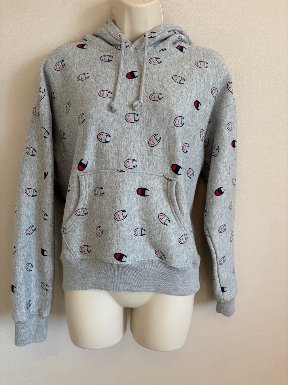 Champion Gray Logo Allover Hoodie Sweatshirt Size Medium